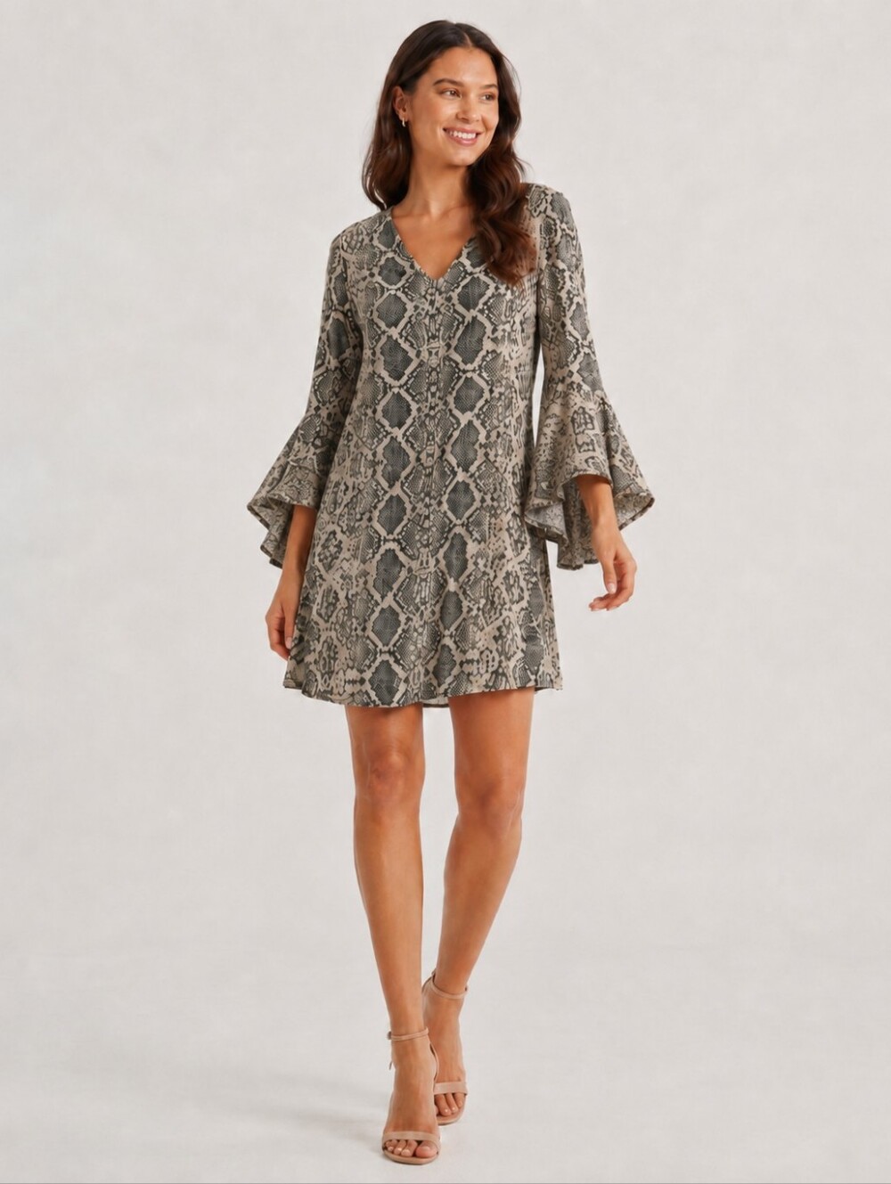 Calvin Klein Women’s Size 10 Snake Print V-Neck Bell Sleeve A-Line Dress